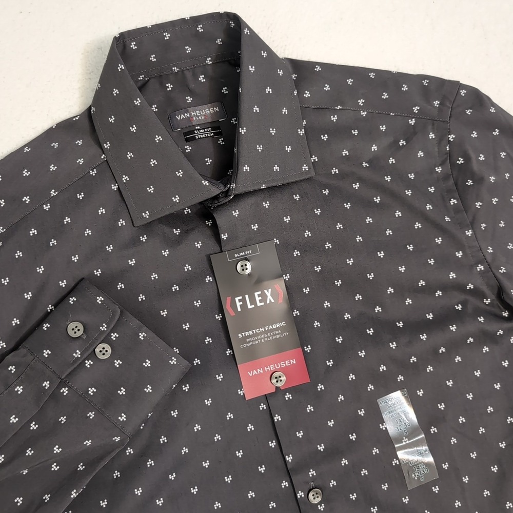 NEW‎ VAN HEUSEN FLEX SLIM FIT Men 14.5 SM 32/33 Stretch Button-Up Shirt GRAY